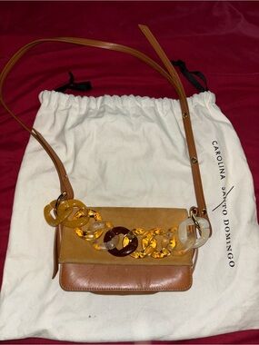 Carolina Santo Domingo Tan Leather & Suede Crossbody with Statement Chain